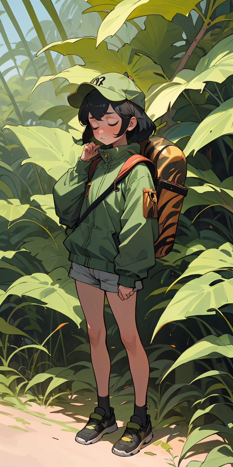 (best quality, masterpiece), 1girl, long sleeves, cap, shorts, jungle, backpack, sun, tired, standing